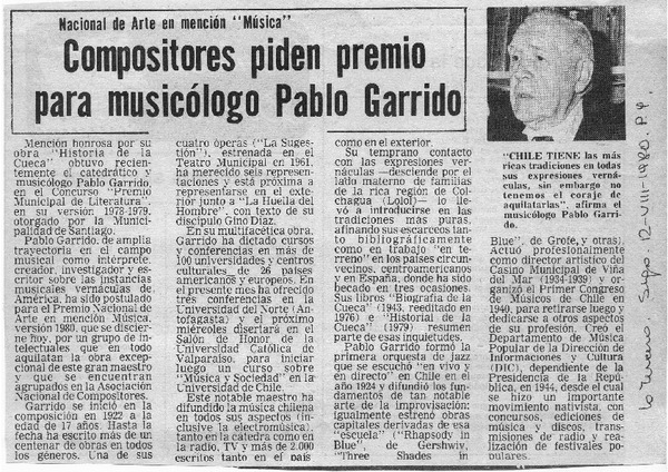 Compositores piden premio para musicólogo Pablo Garrido : Nacional de Arte mención "Música"
