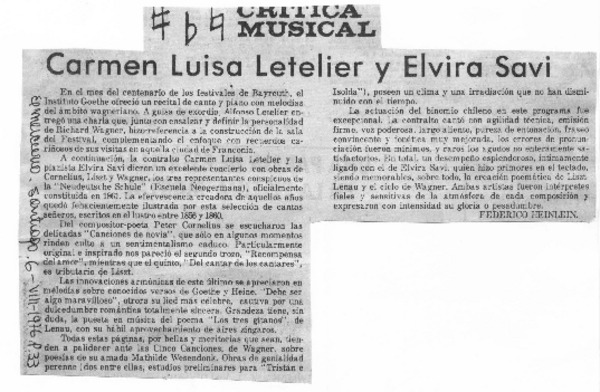 Carmen Luisa Letelier y Elvira Savi Crítica musical