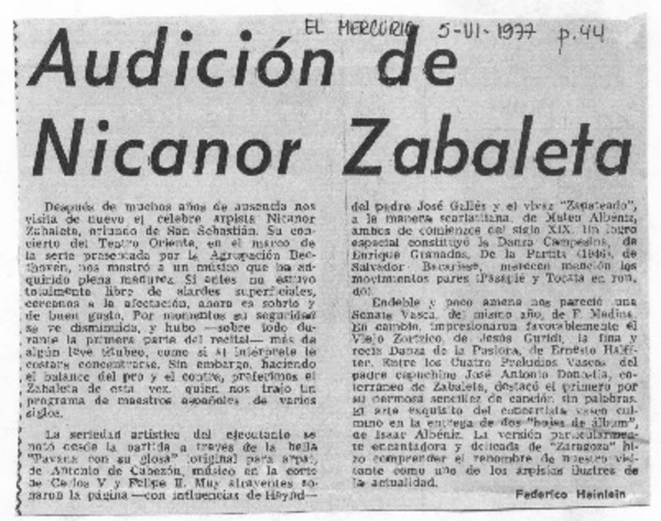 Audición de Nicanor Zabaleta Crítica Musical