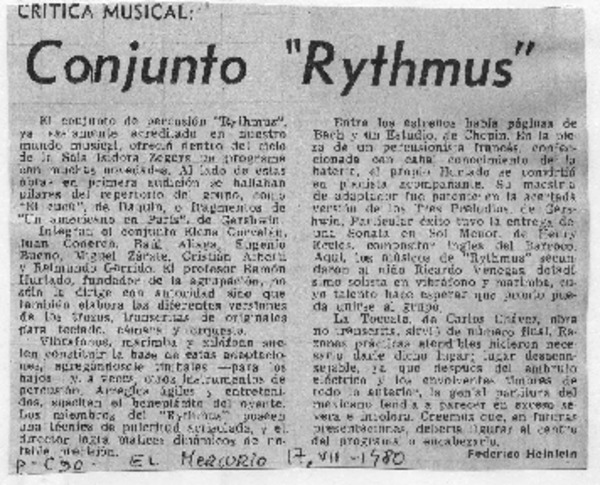 Conjunto "Rythmus" Crítica Musical