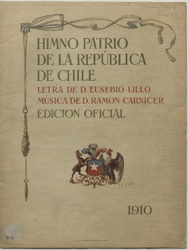 Himno patrio de la República de Chile [para canto y piano] [música] : música de D. Ramón Carnicer ; letra de D. Eusebio Lillo.