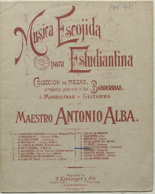 Danza de las horas fantasía ; arreglada para una o dos bandurrias o mandolinas y guitarra [música] : A. Ponchielli ; arreglada para estudiantina por Antonio Alba.