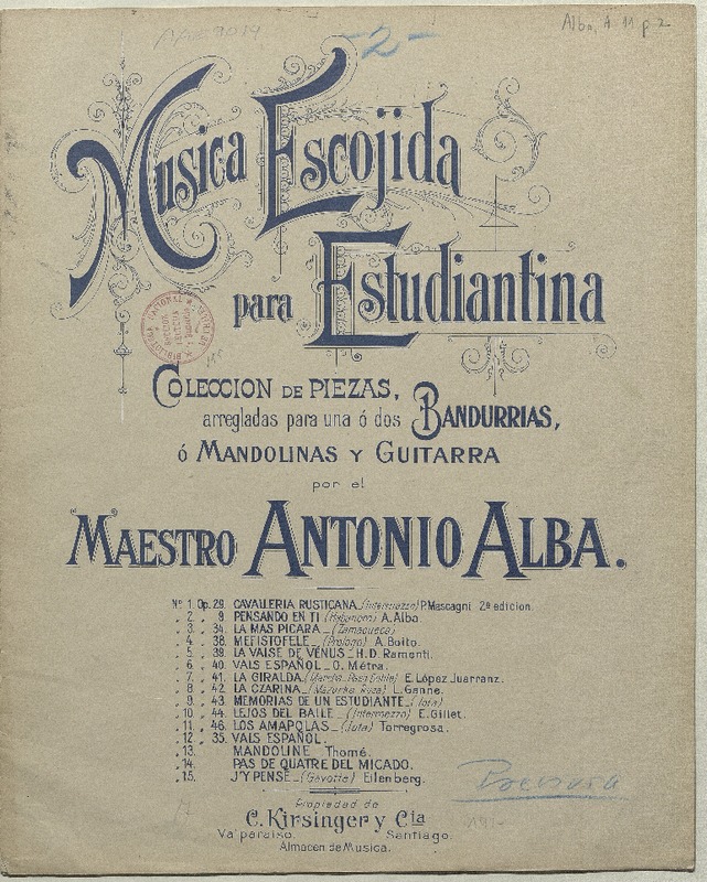 Preciosa polka - mazurca ; arreglada para una o dos bandurrias o mandolinas y guitarras [música] : Ph. Fahrbach ; arreglada para estudiantina por Antonio Alba.