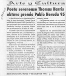 Poeta serenense Tomás Harris octuvo premio Pablo Neruda  [artículo].