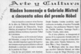 Rinden homenaje a Gabriela Mistral a cincuenta años del Premio Nobel  [artículo].
