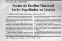 Restos de escritor nacional serán sepultados en Linares  [artículo].