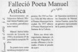 Falleció poeta Manuel Astica  [artículo].