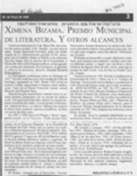 Ximena Bizama, Premio Municipal de Literatura, y otros alcances  [artículo].