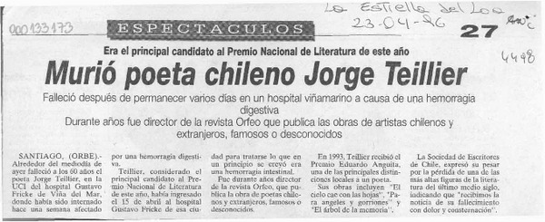 Murió poeta chileno Jorge Teillier  [artículo].