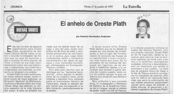 El anhelo de Oreste Plath  [artículo] Horacio Hernández Anderson.