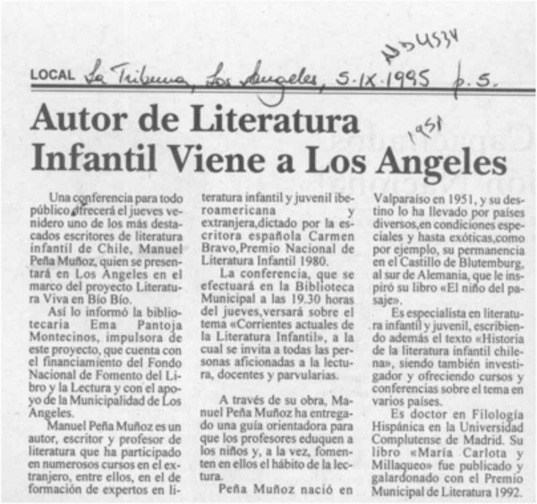 Autor de literatura infantil viene a Los Angeles  [artículo].