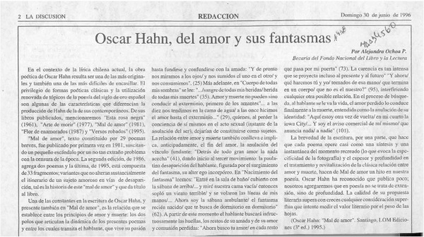 Oscar Hahn, del amor y sus fantasmas  [artículo] Alejandra Ochoa P.