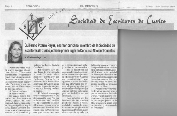 Guillermo Pizarro Reyes, escritor curicano, miembro de la Sociedad de Escritores de Curicó, obtiene primer lugar en concurso nacional cuentos