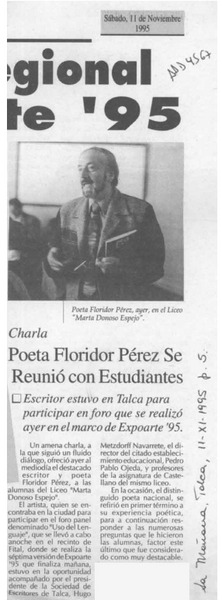 Poeta Floridor Pérez se reunió con estudiantes  [artículo].
