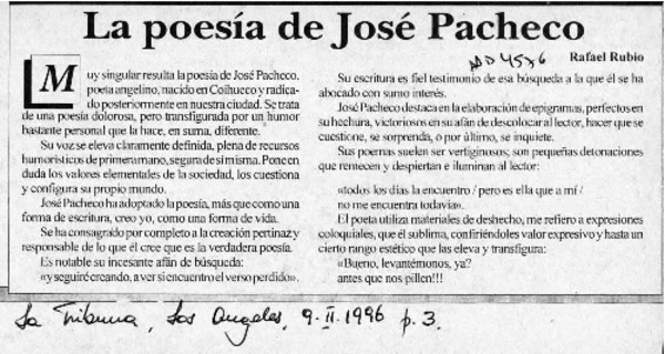 La poesía de José Pacheco  [artículo] Rafael Rubio.