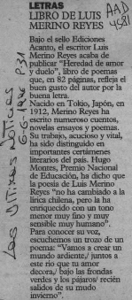Libro de Luis Merino Reyes  [artículo].