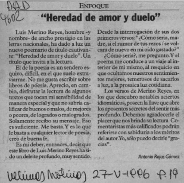 " Heredad de amor y duelo"  [artículo] Antonio Rojas Gómez.