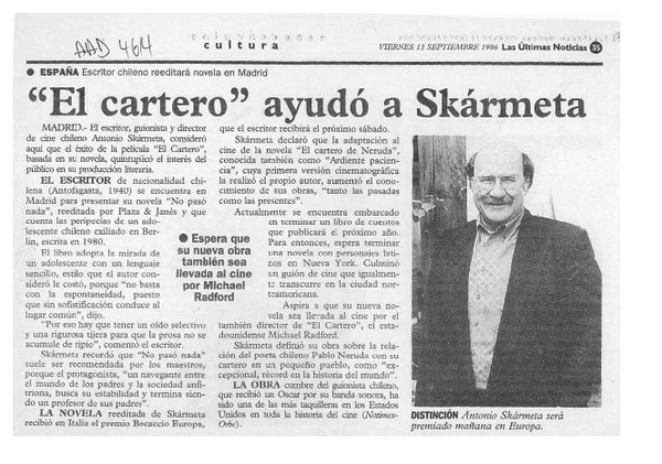 "El cartero" ayudó a Skármeta  [artículo].