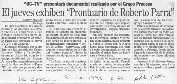El jueves exhiben "Prontuario de Roberto Parra"  [artículo] Lisette Maillet.