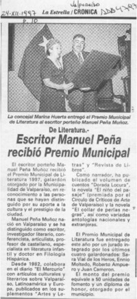 Escritor Manuel Peña recibió Premio Municipal  [artículo].