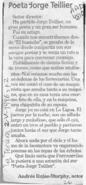 Poeta Jorge Teillier  [artículo] Andrés Rojas Murphy.