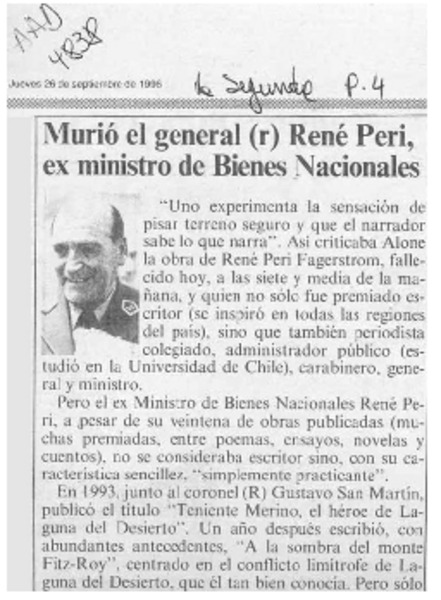 Murió el general (r) René Peri, ex ministro de Bienes Nacionales  [artículo].
