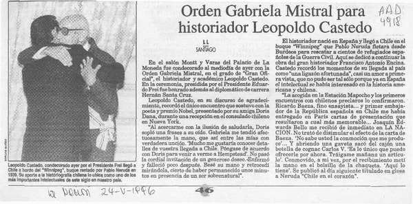 Orden Gabriela Mistral para historiador Leopoldo Castedo  [artículo] I. I.