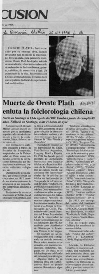 Muerte de Oreste Plath enluta la folclorología chilena  [artículo].