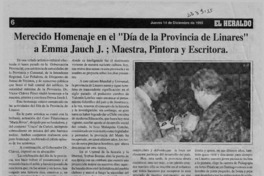 Merecido homenaje en el "Día de la provincia de Linares" a Emma Jauch J., maestra, pintora y escritora  [artículo].