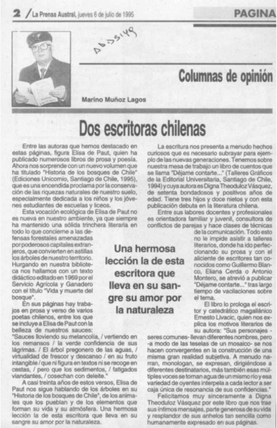 Dos escritoras chilenas  [artículo] Marino Muñoz Lagos.