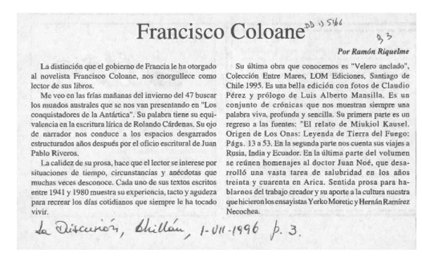 Francisco Coloane  [artículo] Ramón Riquelme.