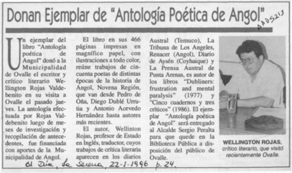 Donan ejemplar de "Antología poética de Angol"  [artículo].
