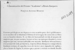 Comunicación del Premio "Academia" a Efraín Barquero  [artículo] Juan Antonio Massone.