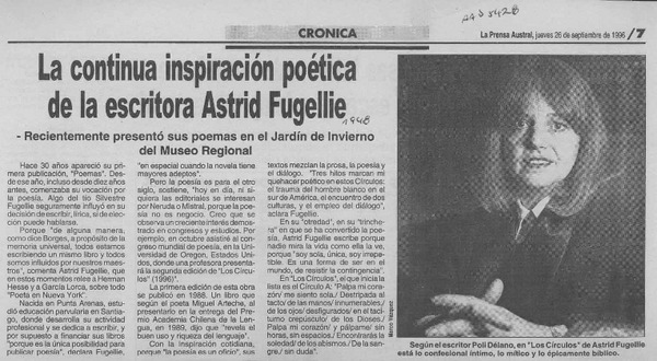 La Continua aspiración poética de la escritora Astrid Fugellie  [artículo].