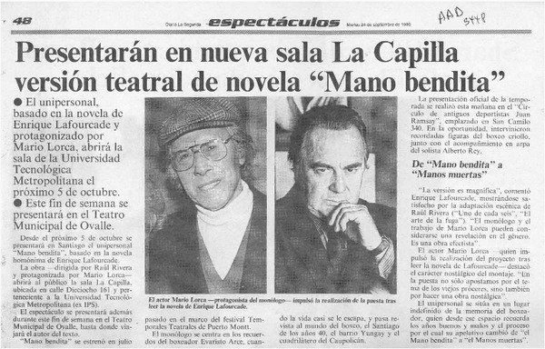Presentarán en nueva sala La Capilla versión teatral de novela "Mano Bendita"  [artículo].