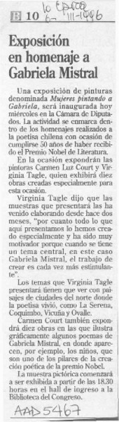 Exposición en homenaje a Gabriela Mistral  [artículo].