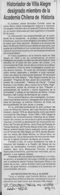 Historiador de Villa Alegre designado miembro de la Academia Chilena de Historia  [artículo].