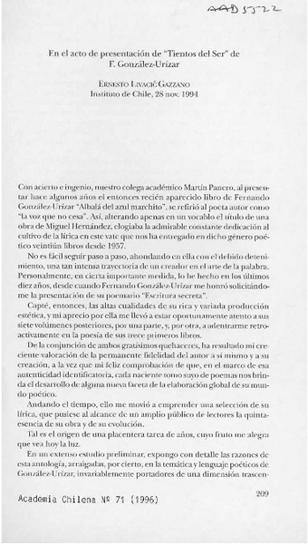 En el acto de presentación de "Tientos del ser" de F. González-Urízar  [artículo] Ernesto Livacic Gazzano.