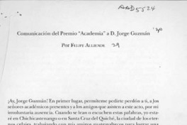 Comunicación del premio "Academia" a D. Jorge Guzmán  [artículo] Felipe Alliende.