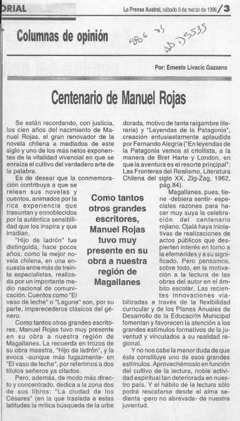 Centenario de Manuel Rojas  [artículo] Ernesto Livacic Gazzano.