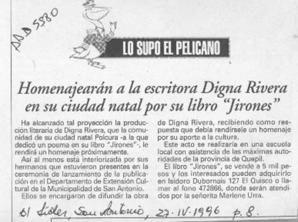 Homenajearán a la escritora Digna Rivera en su ciudad natal por su libro "Jirones"  [artículo].