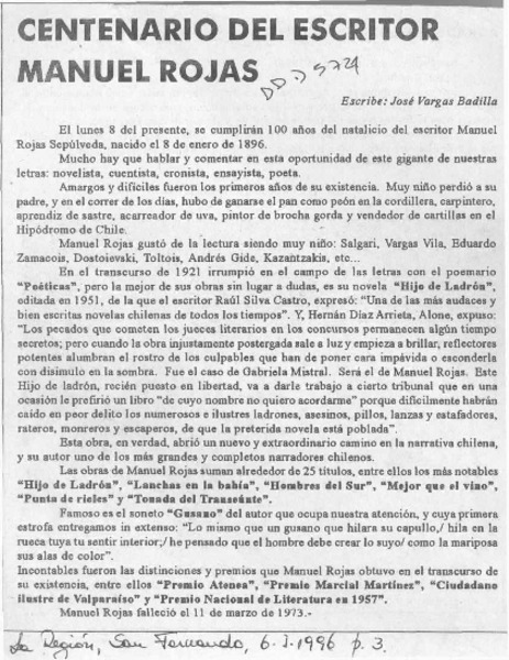 Centenario del escritor Manuel Rojas  [artículo] José Vargas Badilla.