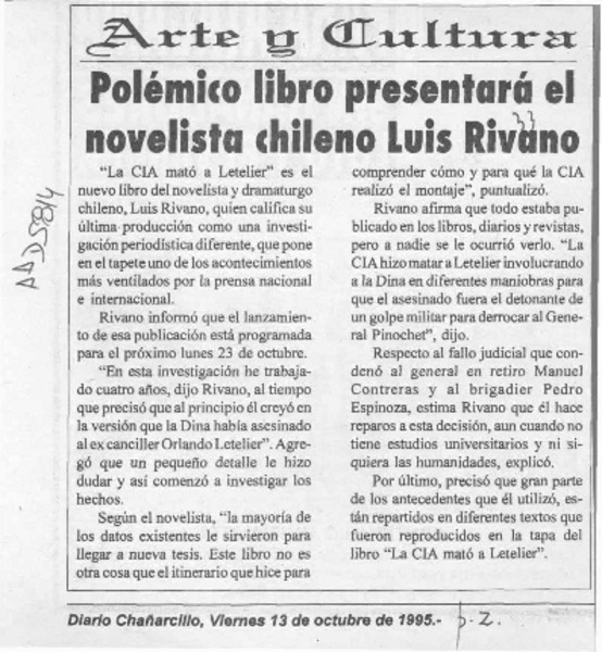 Polémico libro presentará el novelista chileno Luis Rivano  [artículo].