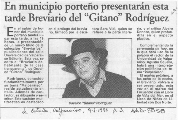 En municipio porteño presentarán esta tarde breviario del "Gitano" Rodríguez  [artículo].