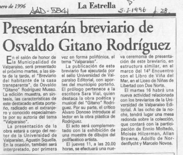 Presentarán breviario de Osvaldo Gitano Rodríguez