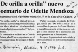 "De orilla a orilla" nuevo poemario de Odette Mendoza  [artículo].