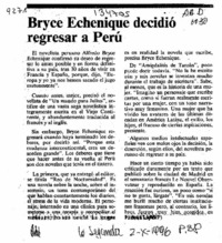 Bryce Echenique decidió regresar a Perú  [artículo].