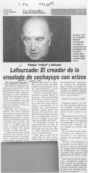 Lafourcade, el creador de la ensalada de cochayuyo con erizos  [artículo] Claudia Tosetti.