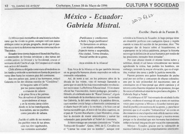 México - Ecuador, Gabriela Mistral  [artículo] Darío de la Fuente D.