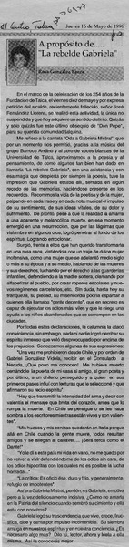 A propósito de -- "La rebelde Gabriela"  [artículo] Rosa González Baeza.